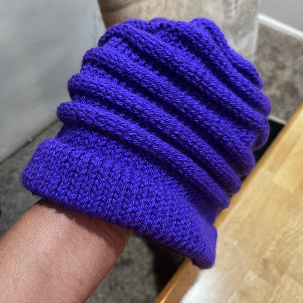 Purple Slouchy Knitted Hat with Ribbed Texture